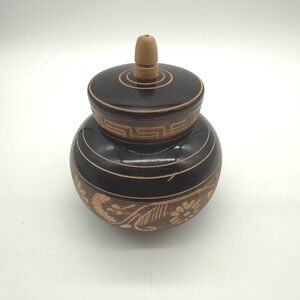 Carved Wood Trinket Box Round Lidded Jar with Knob Unique Pattern-scratch